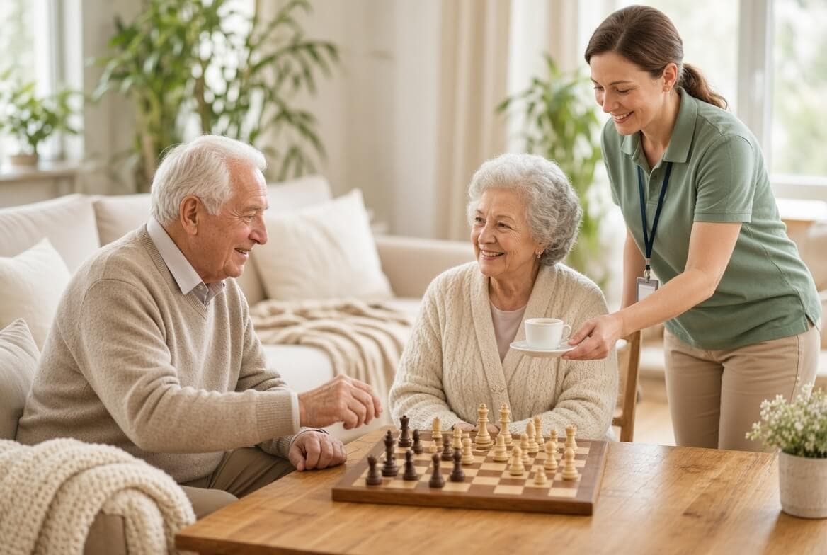 Caregiver and senior sharing a conversation